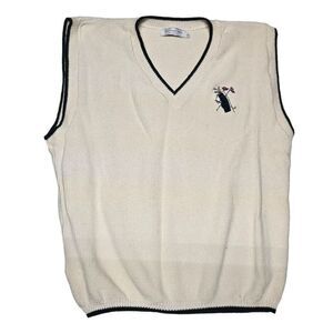 Classic Golf V-Neck Sweater Vest with Embroidered Golf Bag Design Cream w/Black‎